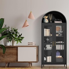 73 in Tall Metal Arched Cabinet Kitchen Pantry Storage Cabinet with Glass Doors