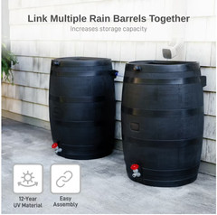 RTS Home Accents Polyethylene 50 Gallon Flat Back Eco Rain Barrel, Black Color