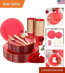 180-Pcs Red Plastic Dinnerware Set with Gold Accents – Hand Wash Only