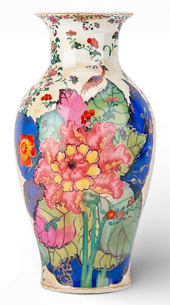 Colorful Chinoiserie Porcelain Vase. Tobacco Leaf Pattern (14.50”H)