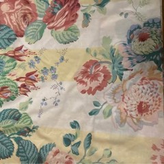 Custom-made vintage yellow-and-white floral stripe pinch-pleated curtains and va