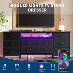 TV Stand for 65, 70, 75 Inch TV 10 Drawer Long Dresser w Power Outlets LED Light