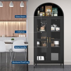 73 in Tall Metal Arched Cabinet Kitchen Pantry Storage Cabinet with Glass Doors