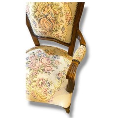 Vintage French Provincial Armchair Louis XV Style Tapestry Fauteuil Carved Wood