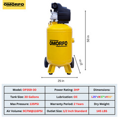 Omorfo Industrial 3HP, 30 Gallon, 9CFM Portable, Vertical Compressor