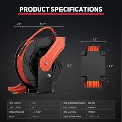 Retractable Air Hose Reel 3/8 IN x 65 FT Hybrid Enclosed Air Hose 300 PSI