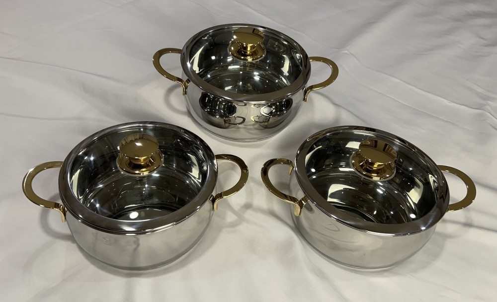 Lot of 3 Command Performance Gold 3 Qt Pots with Lids 18/10 Stainless 3-Ply*NEW*