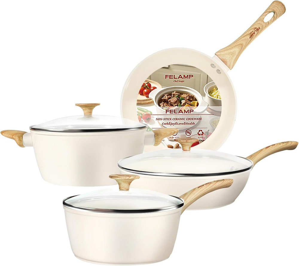 Nonstick Ceramic Cookware Set, 7-Piece Cream White Non-Toxic Pots and Pans Set,