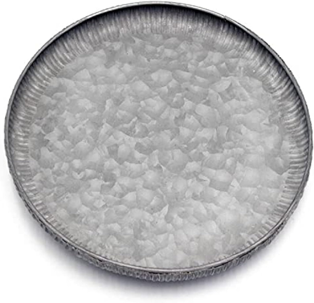 Galvanized Metal Tray Round Decorative Corrugated Edge Small 9.8in Vintage