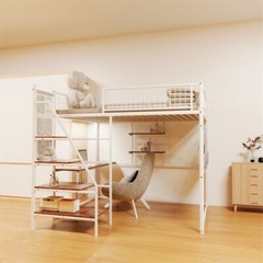 Full Size Metal Loft Bed with Desk,Storage Shelves & LED Light for Teens Adults