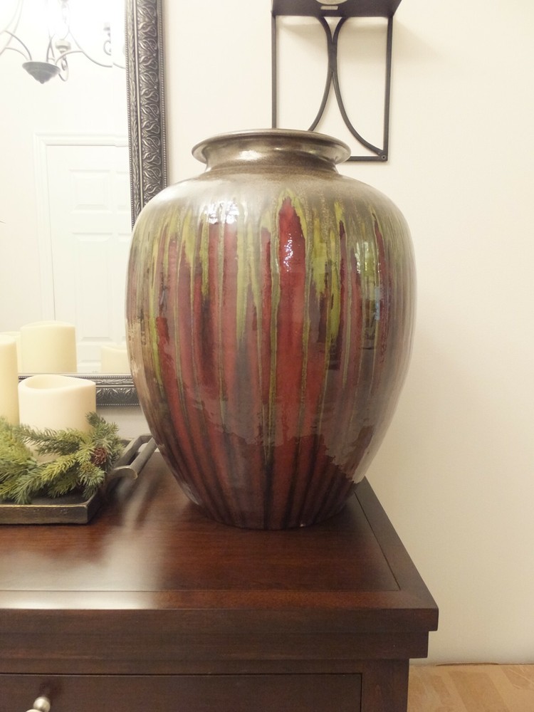 New Pier 1 Imports Large Vase Burgundy Red Green Metallic Bronze Reactive Glaze