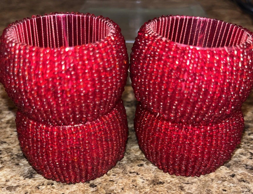 4 Red Beaded Napkin Rings Christmas Valentines New Years Festive Celebration
