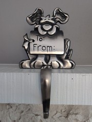 Vintage Cast Iron Silver Dog To/From Christmas Stocking Hanger
