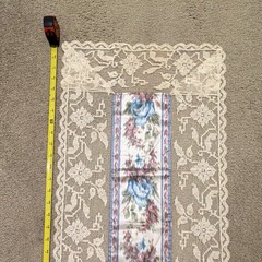 Beige Floral Lace Table Runner Rectangular, Blue Rose Center Panel 16-20 in