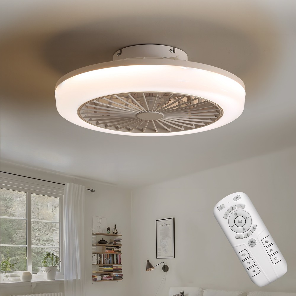 Modern Low Profile Enclosed Led Ceiling Fan 3 Colors Dimmable 6 Speeds Timing