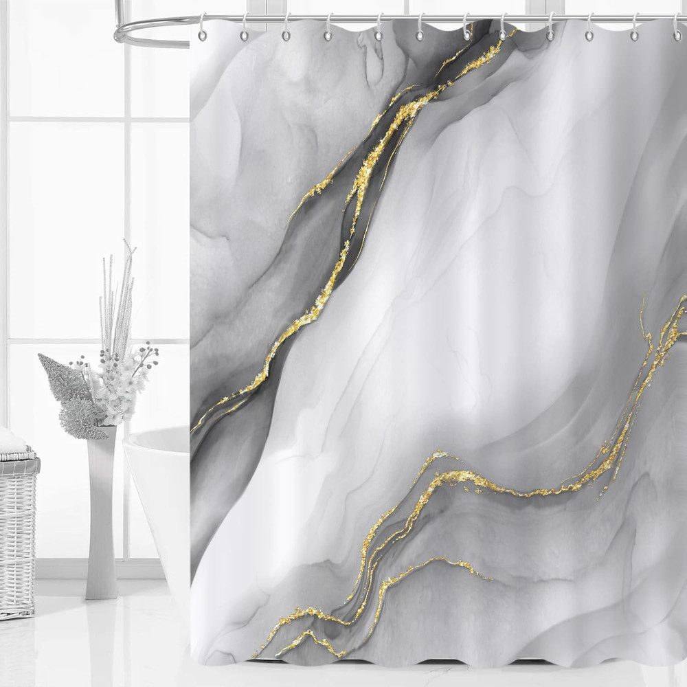 Grey Modern Abstract Shower Curtain, Grey Mix Gold Ombre Marble Texture Luxury B