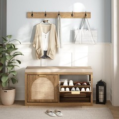 Gracie Oaks Anteus Shoe Bench With Coat Rack – Wood & Rattan