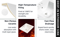 21″x18″ White Drop-In Bathroom Sink Ceramic Rectangular 4″ Centerset Faucet Hole