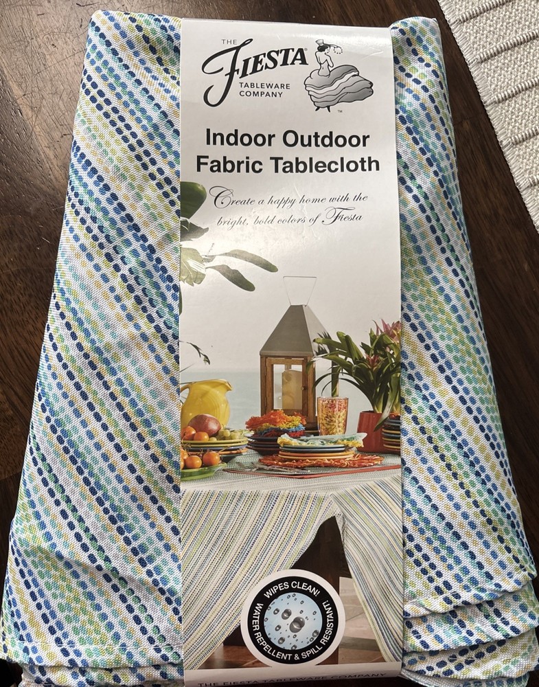 FIESTA TABLEWAR EASY CARE INDOOR OUTDOOR TABLECLOTH BLUE GREEN YELLOW 70” Round