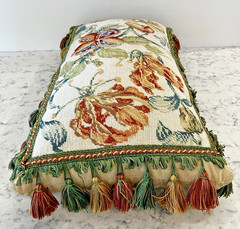Vintage Handmade Wool Needlepoint Pillow Flowers Tassel Fringe Velvet 21″ x 11″