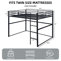 Full Metal Loft Bed w/Safety Rails+Ladder for Kids/Teens/Adults Space-Saver