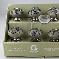 Casa Decor Ceramic Drawer Pull Knobs 6 Pc Silver / Tan /Black