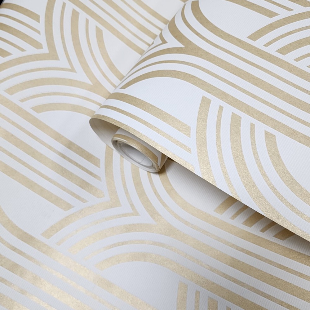 Broadway Arches arthouse trellis lines white yellow gold metallic Wallpaper roll