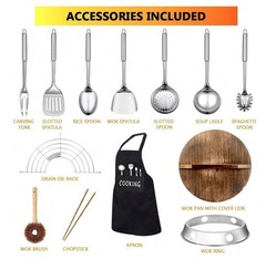 14 Piece Carbon Steel Wok Pan Set with Lid Flat Bottom Stir Fry Cookware