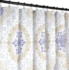 Floral Medallion Fabric Shower Curtain Geo Design Purple Golden Tan Silver White