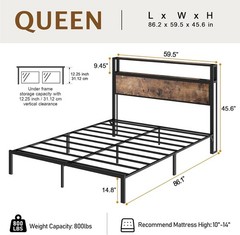Queen Full Size Bed Frame with Storage Headboard &Charging Station＆ LED Lights