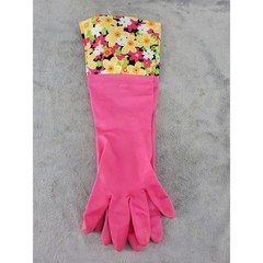 Pink Floral Cuff Rubber Cleaning Gloves Medium Retro Kitschy Waterproof 15.5 In