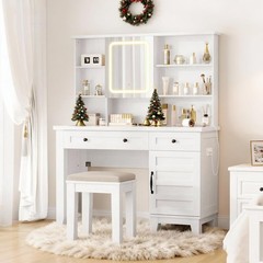 Farmhouse Makeup Vanity Desk, 57″ Tall Makeup Table with Wood Stool & 2 Drawers