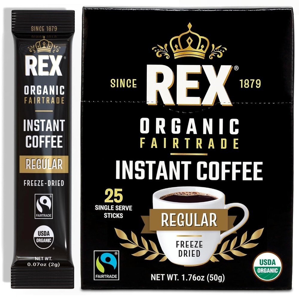 Rex Coffee Organic Fairtrade Instant Sticks Medium Roast Arabica 25 Count