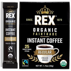 Rex Coffee Organic Fairtrade Instant Sticks Medium Roast Arabica 25 Count