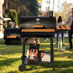 Royal Gourmet Charcoal Grill with Offset Smoker,Side Table and Front Table,Black