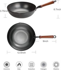 Wok Pan 125 Inch Carbon Steel Flat Bottom Stir Fry Pan with Lid for All Stoves