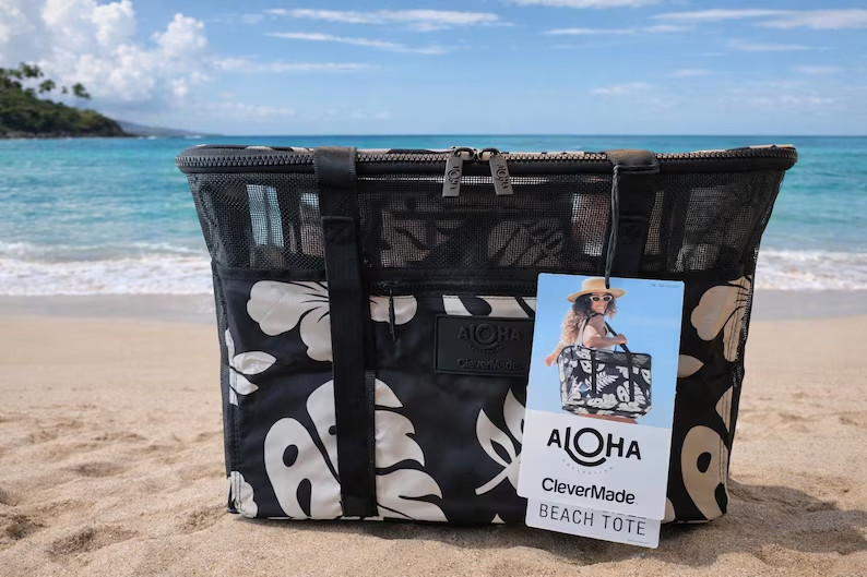 Aloha Collection CleverMade Collapsible Beach Tote Bag Fold Flat Mesh Travel