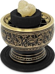 Small Decorated Brass Charcoal Screen Incense Burner with Wooden Coaster, 2-inch