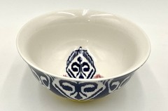 Anthropologie Footed Cereal Rice Bowl Ikat Design Blue White Yellow Pink 6.25 in