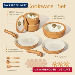 Carote 20pcs Ceramic Cookware Set with Detachable Handles, Pots and Pans Set Non