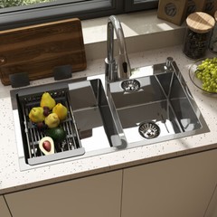 Silver Kitchen Sink Stainless Steel Double Bowl Drop In Top Mount Workstation