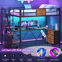 Stairway Twin Size Loft Bed with L Shaped Desk & Wardrobe, Metal Loft Bed Frame