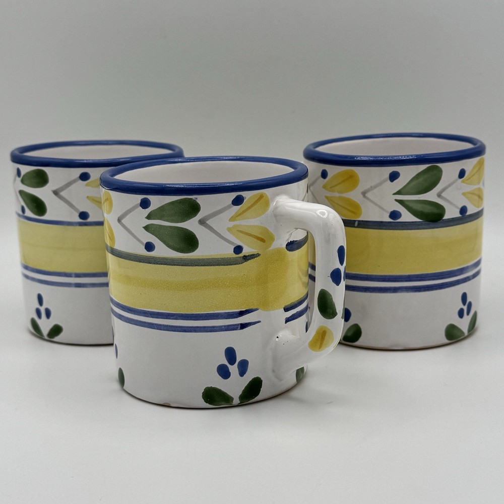 Pier 1 Solimar Mug Set 3 Hand Painted Tunisia Blue Yellow Mediterranean Floral