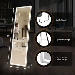 LED Full Length Standing Mirror Arched/Rectangle 3 Color Lights. Hang/Lean.
