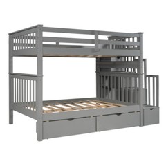 Full Over Full Bunk Bed w/ 6 Storage Drawers & Stairs For Kids Teens Adults Gray