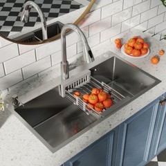 Silver Stainless Steel Kitchen Sink Drop In Top Mount Single Bowl Basin W/Faucet