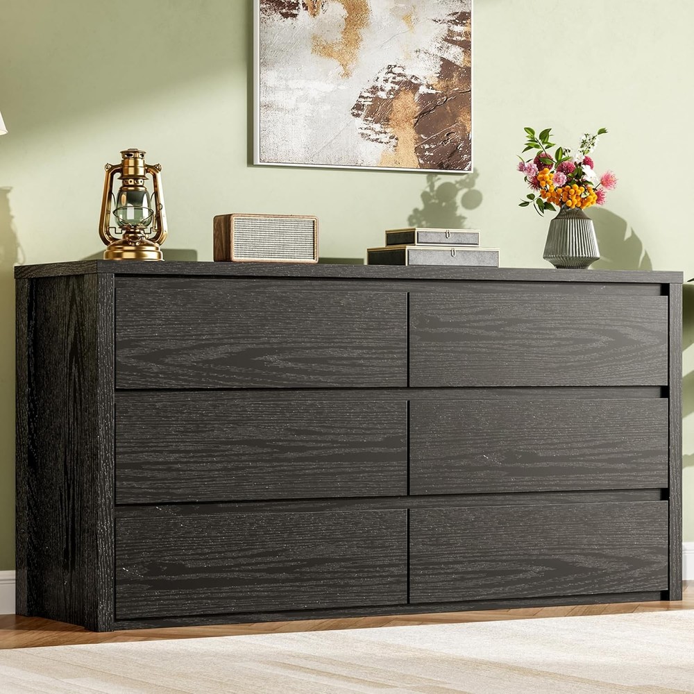 Wide 6 Drawer Dresser Black, Handle Free Wood Chest for Bedroom Living Room