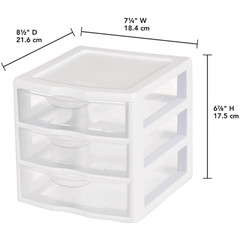 Sterilite Small 3 Drawer Unit, Clear Plastic Countertop or Desktop Drawers,White