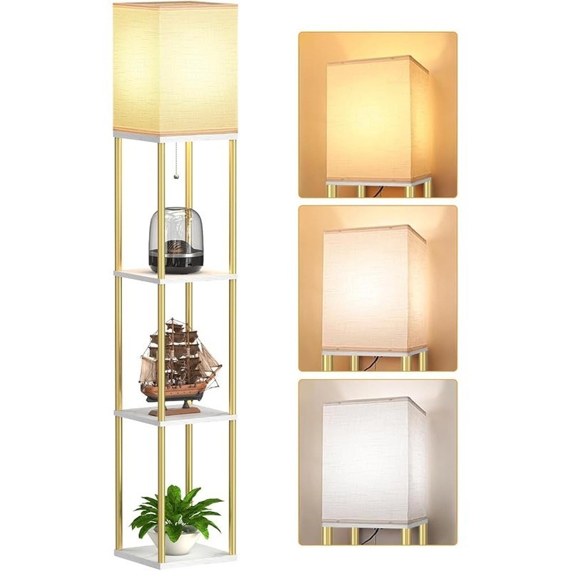 Tall Open Top Floor Lamp W/ 3 Color Temperature Bulb & Storage Shelves New