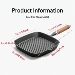 Cast Iron Grill Pan Steak Frying Skillet Wooden Handle BBQ Camping Kitchen
